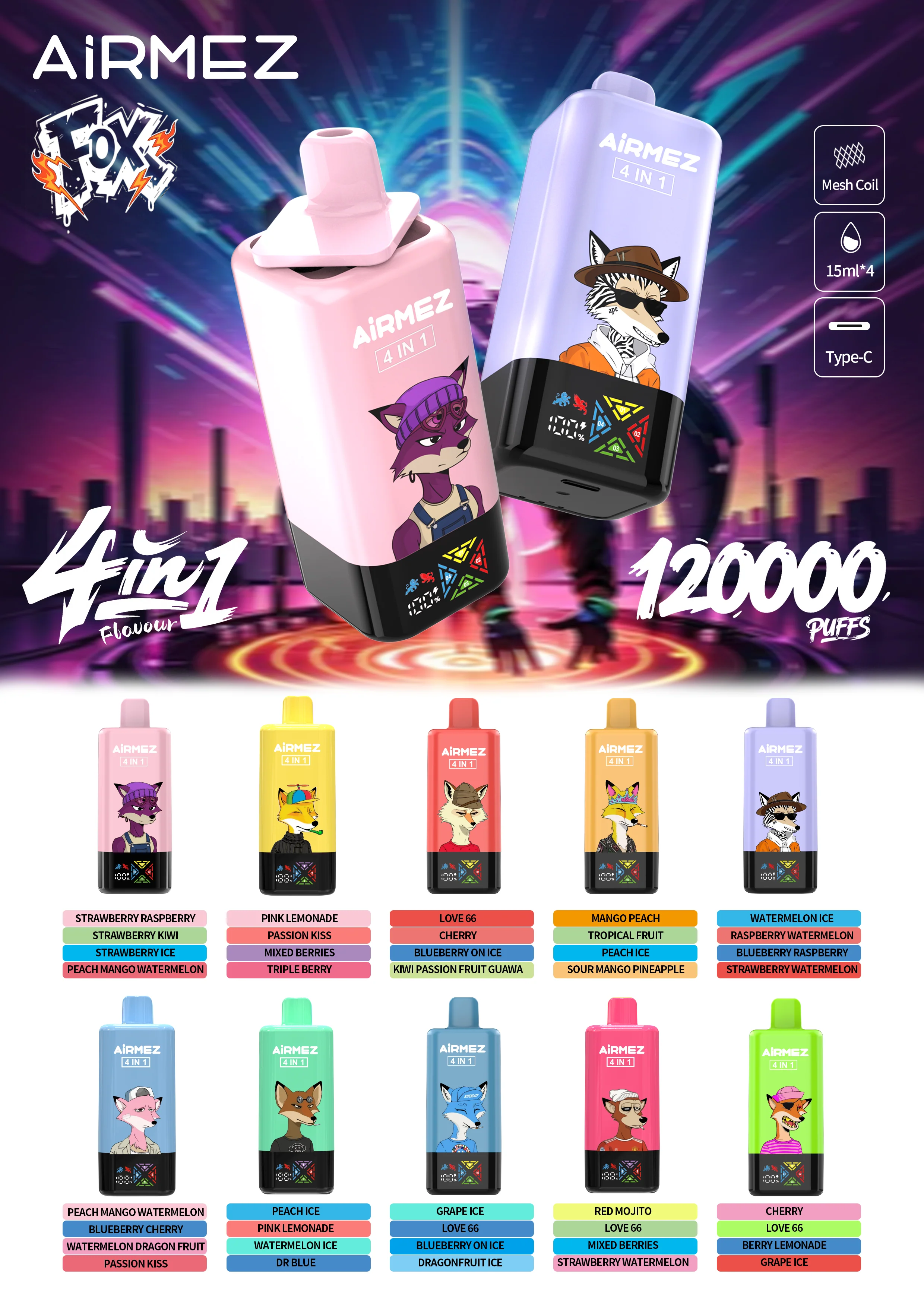AiRMEZ Fox 4in1 120K 60ml Einweg Kit (120000 Puffs)- 💥 Nehme 5 Zahle NUR 4! + Ab einem Einkauf von 100€ 2 Mystery Gratis💥 - Image 3