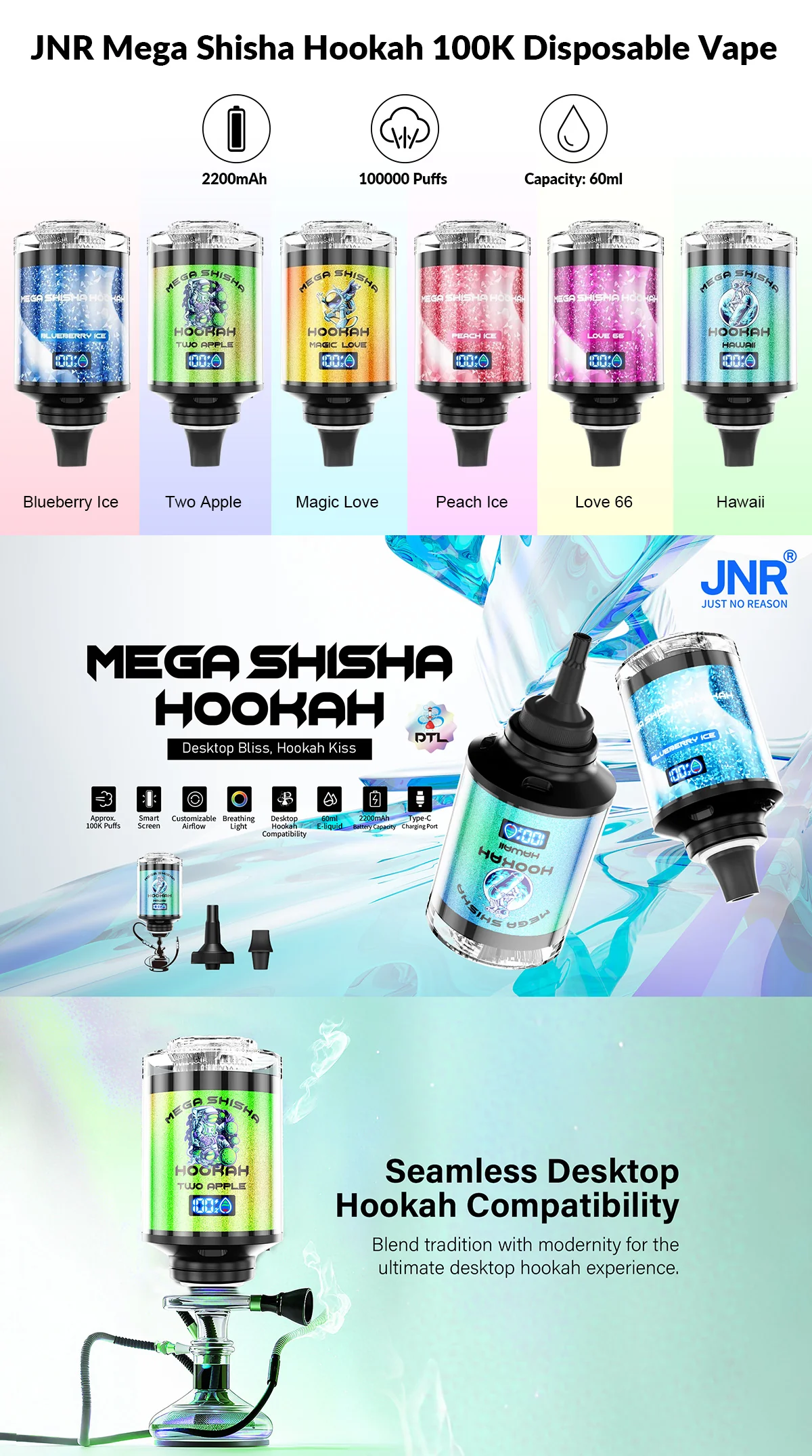 JNR Mega Shisha Hookah 100K Wiederaufladbares Einweg Kit 60ml - 💥 Nehme 4 Zahle NUR 3! + Ab einem Einkauf von 100€ 2 Mystery Gratis💥 - Image 2