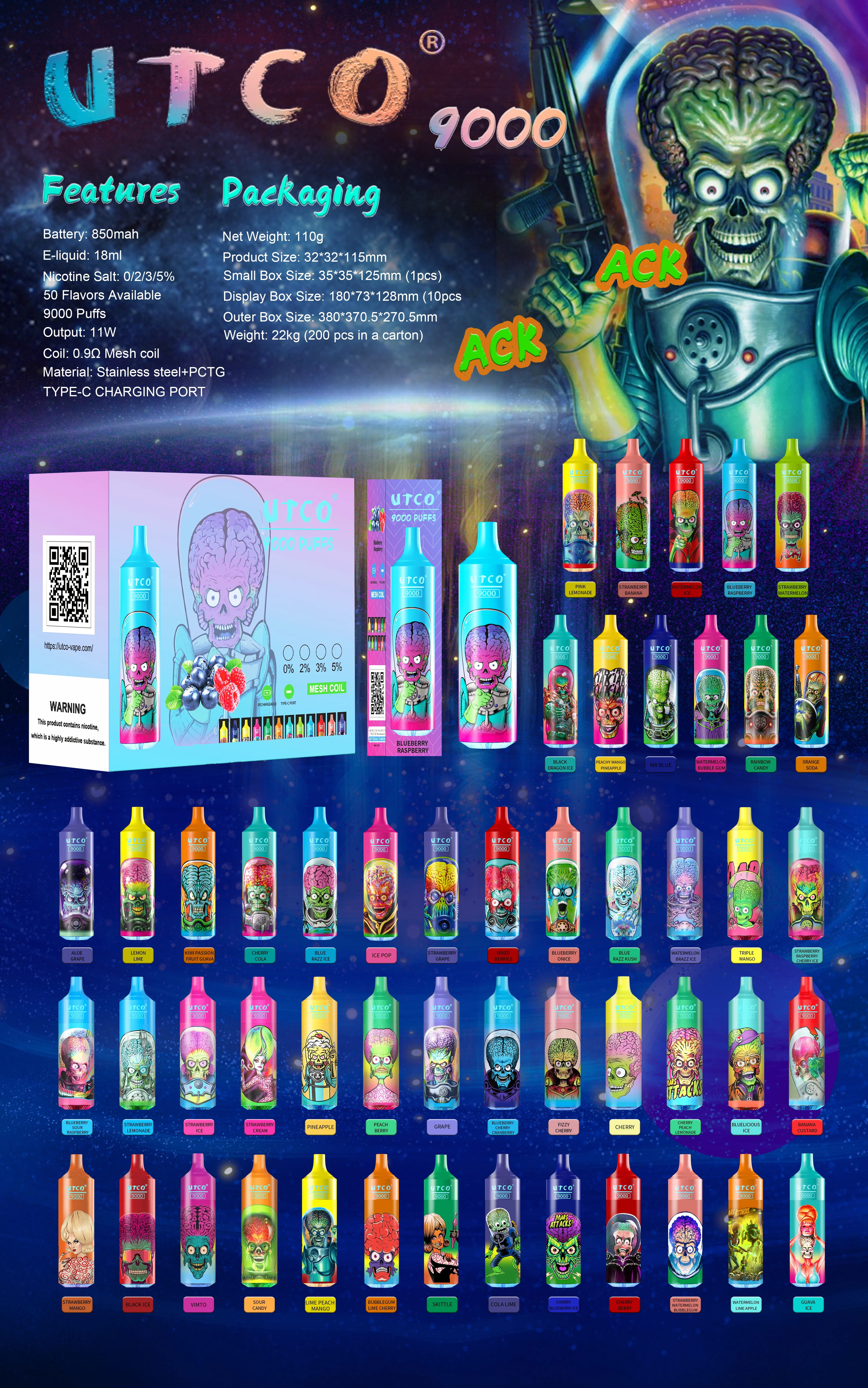 UTCO Aliens 9000 Einweg E-Zigarette Disposable Kit wiederaufladbar - Kaufen Sie 3 Stück und erhalten Sie 1 Stück zusätzlich als Geschenk (Produkte und Geschmacksrichtungen sind zufällig) - Image 2