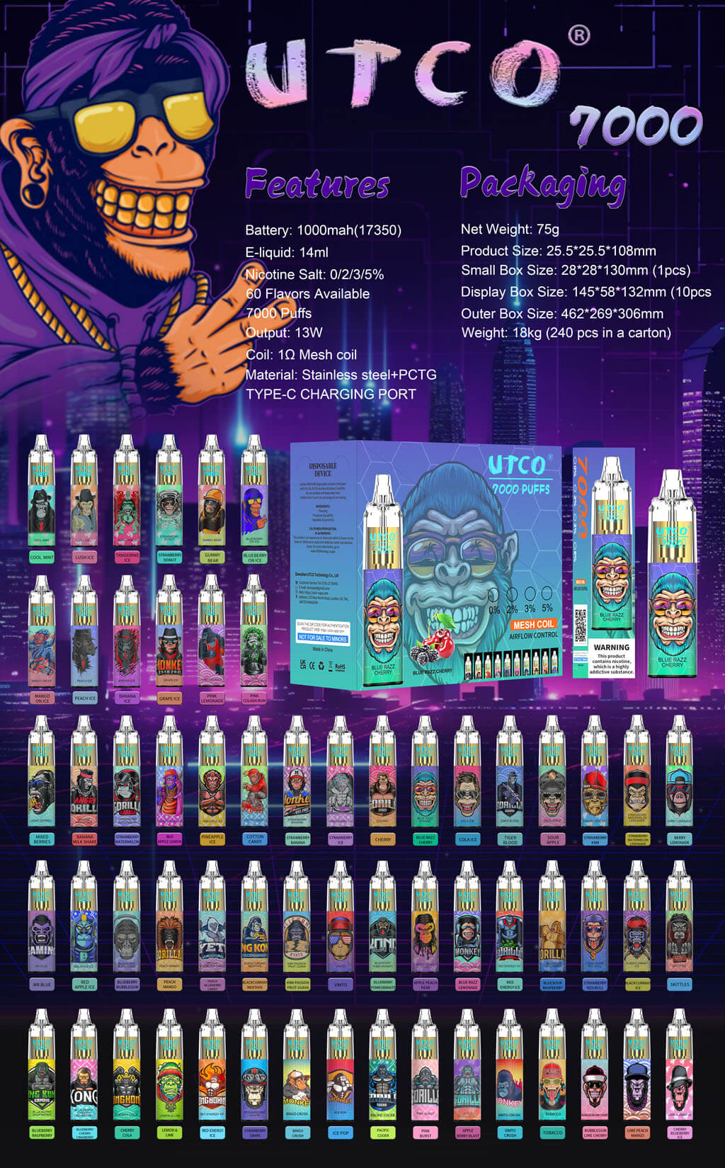 UTCO Gorilla 7000 Einweg E-Zigarette Disposable Kit Wiederaufladbar - Kaufen Sie 3 Stück und erhalten Sie 1 Stück zusätzlich als Geschenk (Produkte und Geschmacksrichtungen sind zufällig) - Image 2